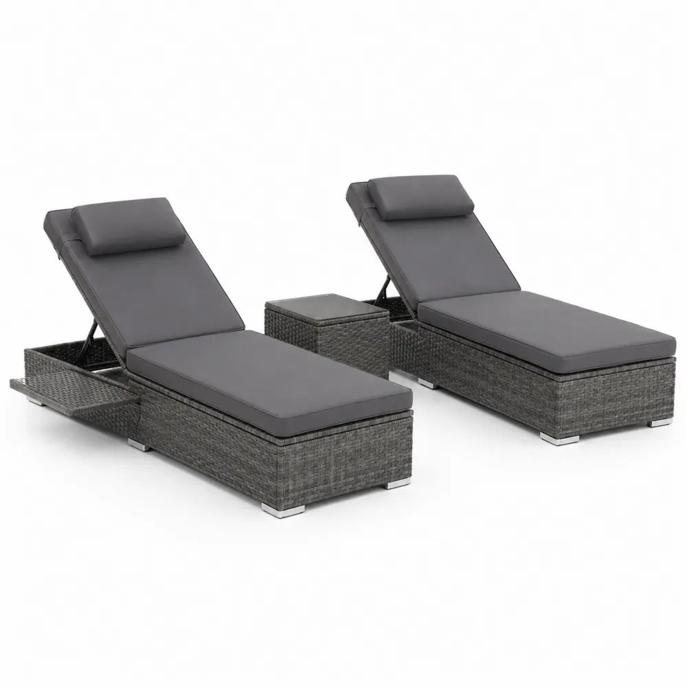 Set de 2 tumbonas reclinables con mesa auxiliar de ratán PE gris oscuro cojines antracita 200 x 68 x 95 cm estructura de acero y vidrio templado