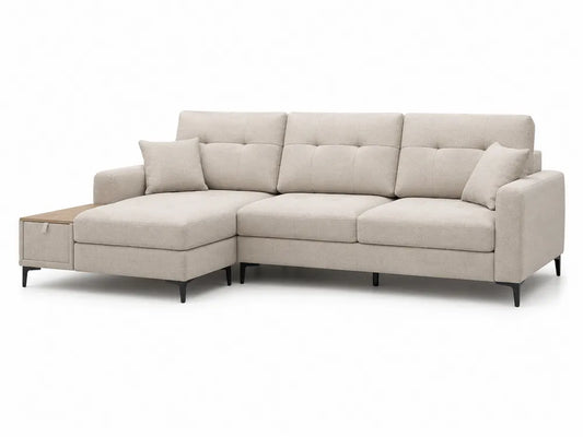 Sofá modular en L de 3 plazas con chaise longue izquierda tapizado en tejido beige con mesa lateral integrada 240 x 160 x 85 cm