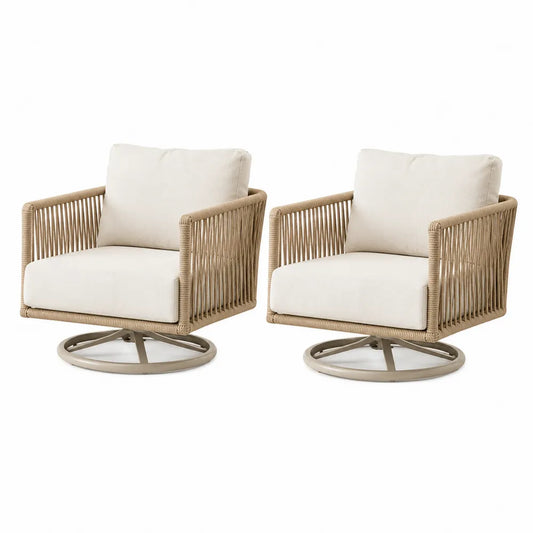 Set de 2 sillones giratorios de exterior de cuerda PE beige 78 cm x 78 cm x 80 cm con cojines crema base de acero taupe claro