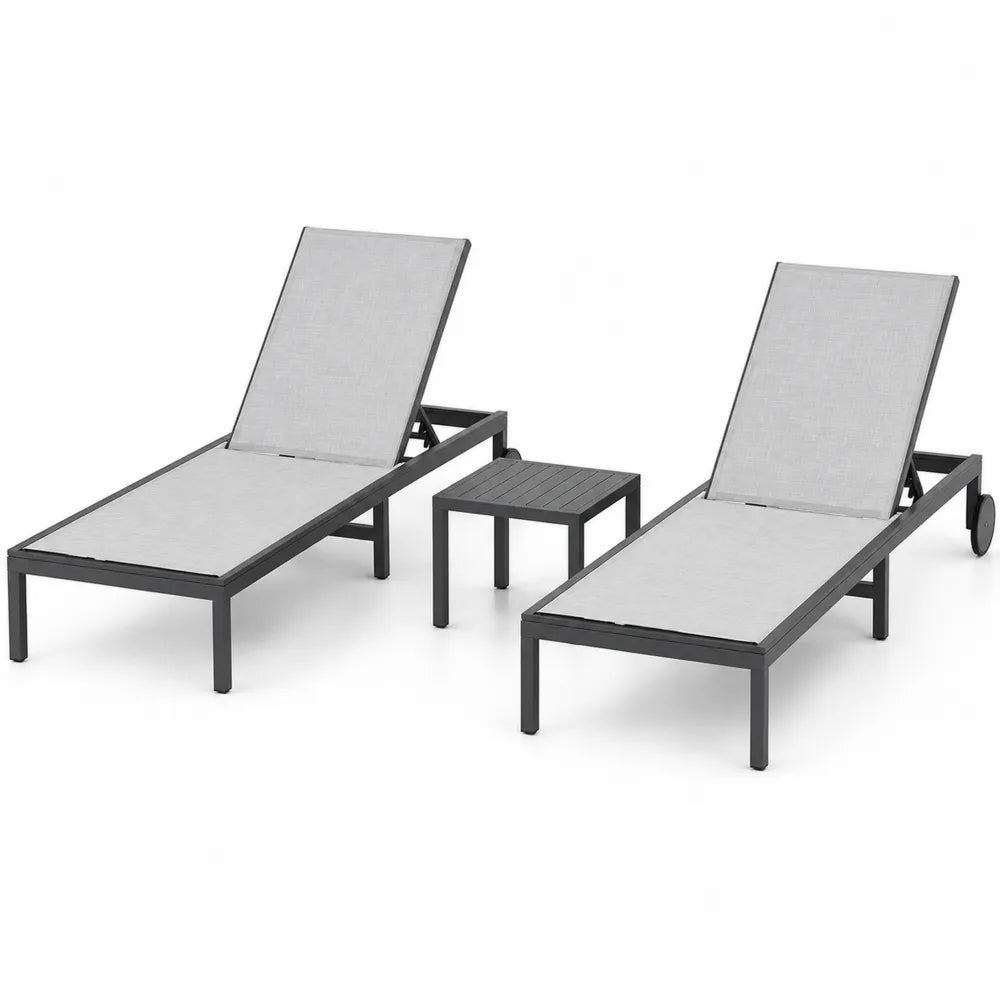 Set de 2 sillas de exterior reclinables con mesa auxiliar de aluminio gris oscuro y textilene gris claro 195 x 65 x 95 cm