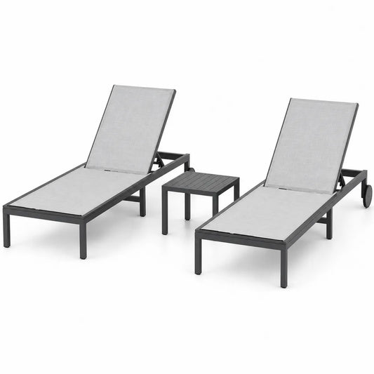 Set de 2 sillas de exterior reclinables con mesa auxiliar de aluminio gris oscuro y textilene gris claro 195 x 65 x 95 cm