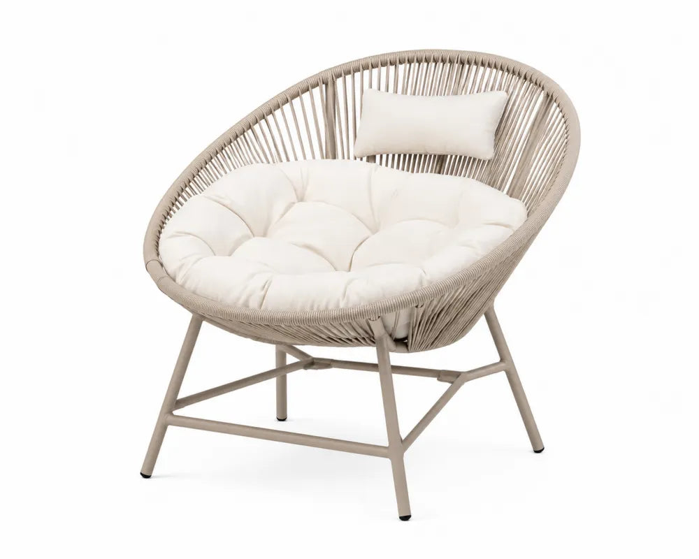 Sillón papasan de exterior 96 cm x 88 cm x 90 cm cuerda PE trenzada acero beige cojín blanco crema forma ovalada