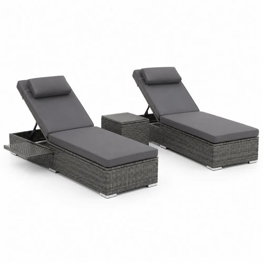 Set de 2 tumbonas reclinables con mesa auxiliar de ratán PE gris oscuro cojines antracita 200 x 68 x 95 cm estructura de acero y vidrio templado
