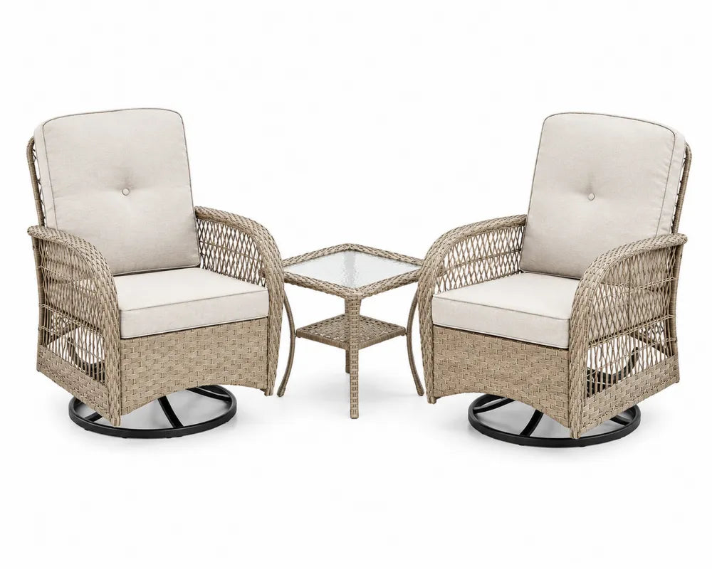 Conjunto de jardín 3 piezas 2 sillones giratorios 78 cm x 78 cm x 90 cm mesa auxiliar 45 cm x 45 cm x 50 cm ratán PE beige claro base giratoria negro