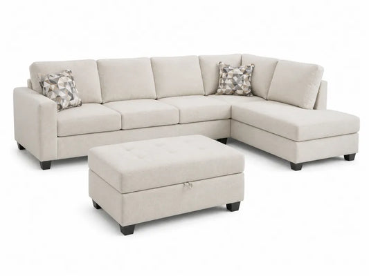 Sofá modular en L de 4 plazas con chaise longue derecha y puf tapizado en tejido beige 285 x 210 x 88 cm