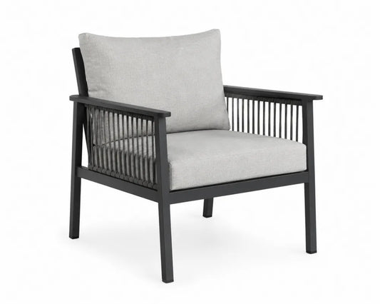 Sillón exterior 1 plaza 75 cm x 72 cm x 78 cm acero negro cuerda PE y cojín gris claro