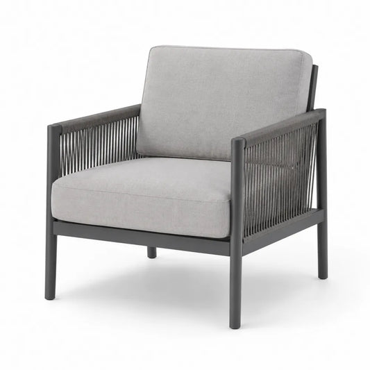 Sillón de exterior de cuerda con cojín gris claro y estructura de acero gris oscuro 74 x 78 x 77 cm