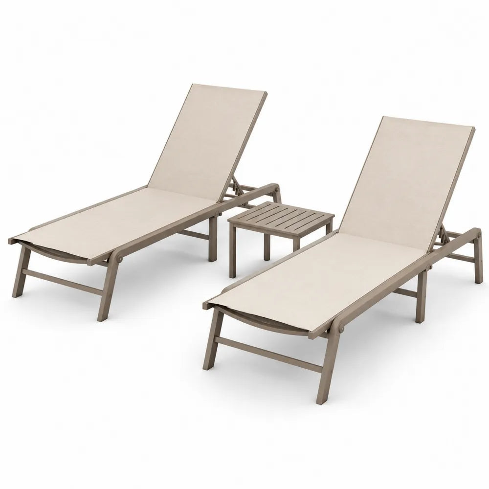 Conjunto de jardín 3 piezas 2 tumbonas reclinables con mesa auxiliar aluminio textilene beige taupe 190 cm x 65 cm x 90 cm