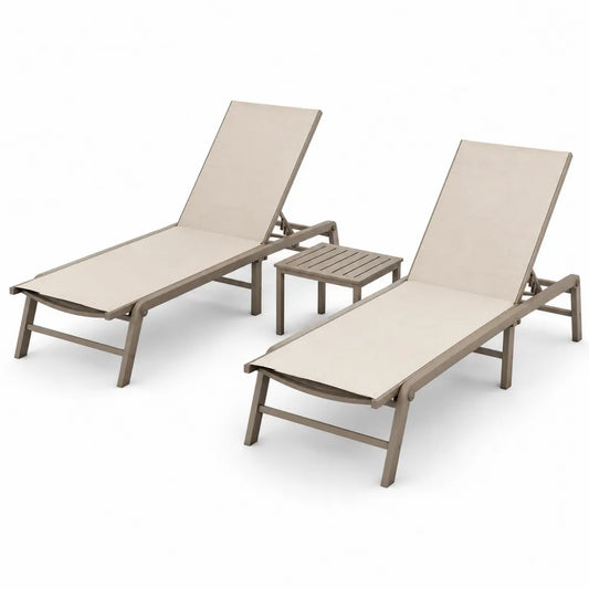 Conjunto de jardín 3 piezas 2 tumbonas reclinables con mesa auxiliar aluminio textilene beige taupe 190 cm x 65 cm x 90 cm