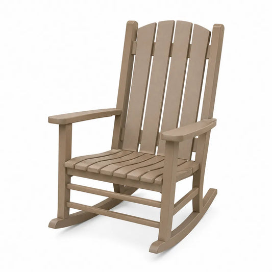 Silla mecedora de jardín tipo Adirondack 1 plaza 76 cm x 86 cm x 102 cm HDPE color taupe con reposabrazos