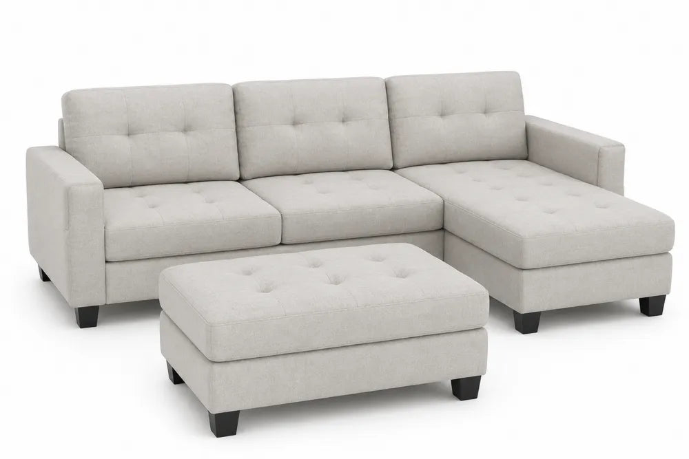 Conjunto de sofá modular en L de 3 plazas con chaise longue derecha y puf tapizado en poliéster beige 230 x 150 x 86 cm