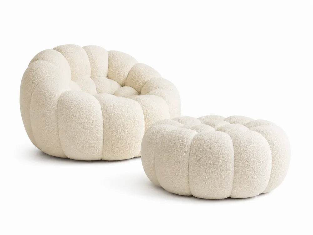 Conjunto de sillón modular redondo con puf tapizado en poliéster bouclé blanco crema 110 x 100 x 75 cm + puf 85 x 85 x 42 cm
