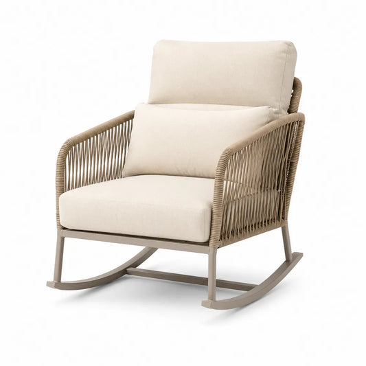 Sillón mecedora de exterior 1 plaza 80 cm x 85 cm x 90 cm aluminio beige cuerda PE con cojines