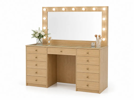 Tocador de dormitorio rectangular con espejo iluminado y 11 cajones madera roble claro cristal templado y luces LED 140 x 45 x 150 cm