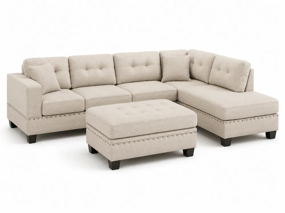 Sofá modular en L con chaise longue y puf tapizado en poliéster beige 280 x 210 x 86 cm