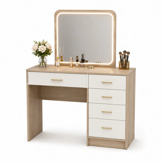 Tocador con espejo LED y 5 cajones MDF melaminado roble claro blanco 120 x 40 x 140 cm con tiradores dorados