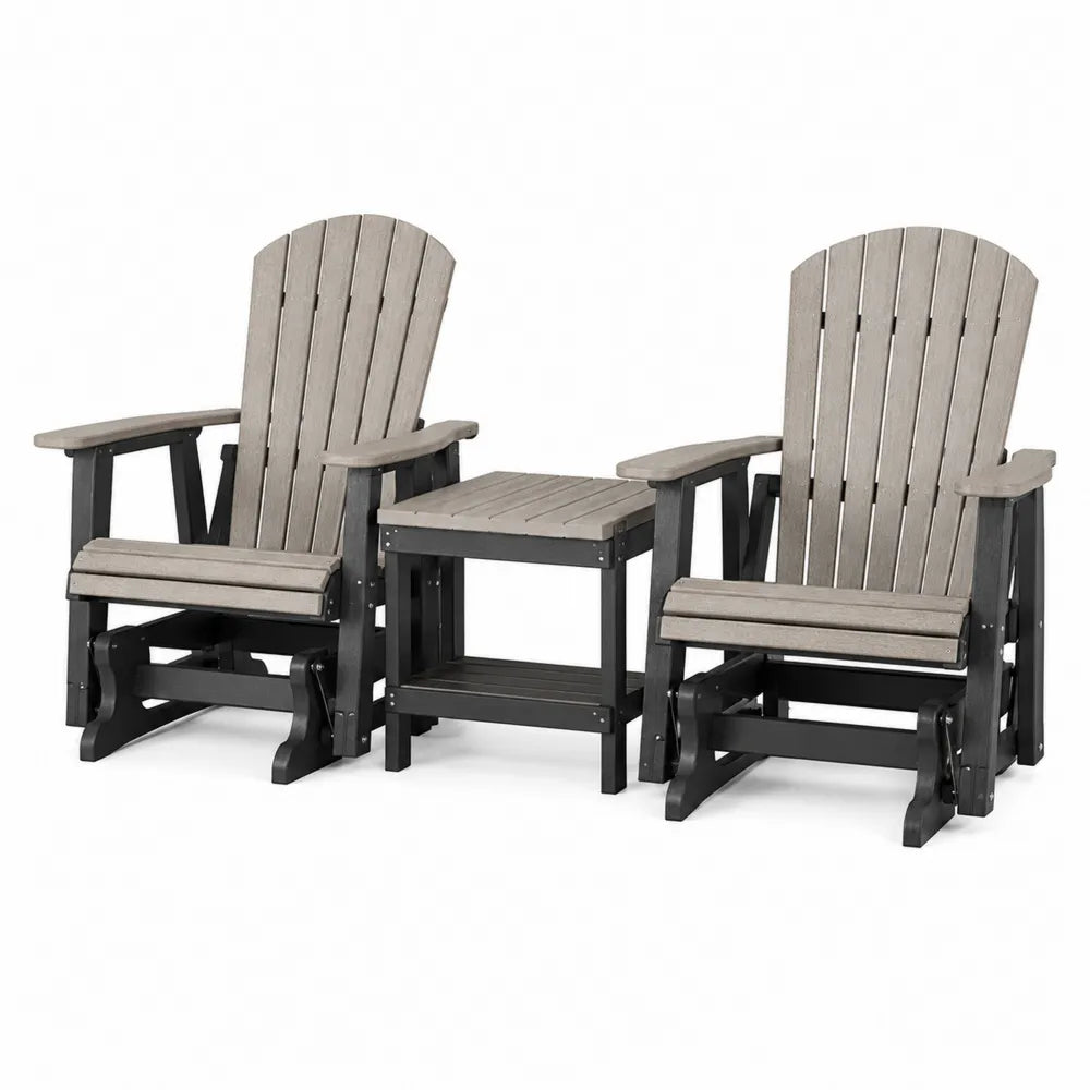 Conjunto de jardín 3 piezas con 2 sillas mecedoras Adirondack 75 x 88 x 104 cm HDPE gris topo negro y mesa auxiliar 50 x 50 x 48 cm con balancín