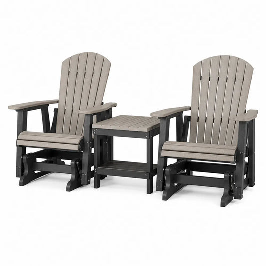 Conjunto de jardín 3 piezas con 2 sillas mecedoras Adirondack 75 x 88 x 104 cm HDPE gris topo negro y mesa auxiliar 50 x 50 x 48 cm con balancín